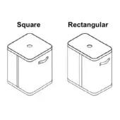 Storage baskets line drawing, square and rectangular shapes, labeled aurora baskets with lid, recessed handles, vertical paneled design.