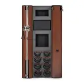 Exercise storage unit, reddish-brown wood, vertical design with dumbbell racks, cable pulley system, and integrated display screen.