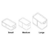 Storage baskets, light gray canvas, rectangular shape with handles, labeled small, medium, and large, studio product shot.