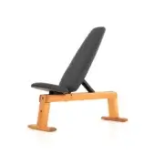 Pilates reformer, cherry wood, with black upholstery and adjustable backrest, studio shot on white background, minimalist design.