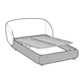 Platform bed, light fabric upholstery, curved headboard, gray base with storage, slatted wood frame, technical illustration.