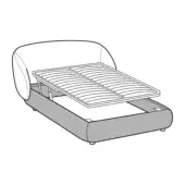 Pacific bed with gray fabric upholstery, rounded headboard, and slatted wood platform supported by a metal easy-lift mechanism.