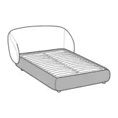 Bed schematic drawing, black lines on white, rectangular frame with curved headboard and cylindrical legs, modern streamlined design.