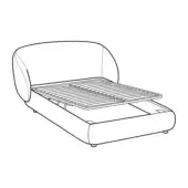 Pacific bed with curved upholstered headboard, slatted wood base, and integrated storage, minimalist design, technical illustration.