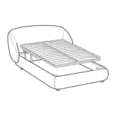 Pacific bed with rounded headboard, slatted frame, and under-bed storage, shown in open position as a line drawing.