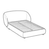 Pacific bed with rounded upholstered headboard and low platform, featuring curved design, bolster pillow, and cylindrical legs.