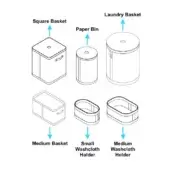 Aurora bathroom set nesting diagram showing striped gray and white baskets, bins, and washcloth holders with black handles, illustrating space-saving stackability.