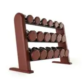 Dumbbell rack with light wood frame holds rows of reddish-brown, round-headed dumbbells featuring white “nuvo” lettering.