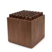 Walnut knife block with rectangular slots, dark wood grain, matte finish, and subtle NOHRD logo on a white surface, clean lines.