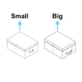 Aurora closet boxes, light gray cardboard, rectangular shape, size comparison with arrows indicating small and big options, matte finish.