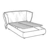 Puppet bed line drawing, wood frame, rectangular shape with rounded corners, quilted headboard, slatted platform revealing storage compartment.