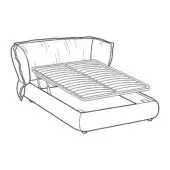 Puppet bed with rectangular base, rounded corners, and slatted frame, showing cushioned interior and upholstered headboard in line drawing.