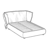Platform bed black and white line drawing, slatted frame, angled padded backrest, cylindrical legs, minimalist design.