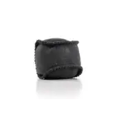 Black leather pouch with embossed “NOHRD” logo, rounded shape, pebbled texture, and dark grey contrast stitching on a white background.