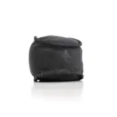 Black leather pouf with pebbled texture, rounded form, and contrasting stitched border, displaying a subtle embossed “KOLOUR” logo.