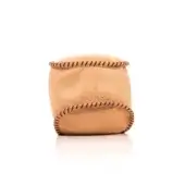 Leather pouch, light tan color, rounded shape with embossed “NOHRD” text and dark brown stitched detailing on a white reflective surface.