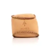 Tan leather coin pouch, triangular shape, stitched border, embossed NOHRD logo, natural grain texture, studio product shot.
