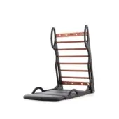Elask Spine Corrector, wood and black, ladder frame with brown slats, curved top bar, padded seat, adjustable height, white background.