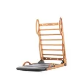 Wooden gymnastics ladder, light-toned wood, with gray upholstered platform base and black metal frame, studio shot.
