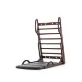Spinal correction apparatus, dark brown wood, curved frame with ten horizontal bars, black cushioned seat, adjustable backrest, visible wood grain.