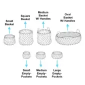 Woven baskets comparison displaying small, square, medium, and oval styles paired with corresponding empty pocket versions on a white background.