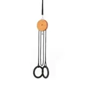 Gymnastic ring suspension system, light wood block, black rope, and dark rings, centered against a white backdrop, durable synthetic fiber.
