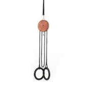 Aerial fitness trainer with wood disc, braided rope, and three black gymnastic rings suspended vertically against a white backdrop.