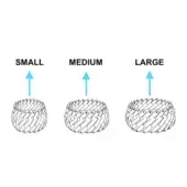 Geometric spheres in small, medium, and large sizes with light blue arrows, featuring dark gray and black angled rectangular segments on a white background.