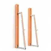 Folding weight racks, cherry wood, silver metal frame with triangular support and evenly spaced pegs for weight plates, wall-mounted design.