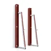 Folding exercise racks, reddish-brown wood, silver metal triangular supports, wall-mounted, studio shot, minimalist design, adjustable holes.