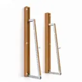 Oak wall-mounted exercise supports with vertical wood panels and triangular metal frames featuring evenly spaced hooks.