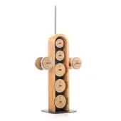 Oak dumbbell rack with six kg-labeled cylindrical holders, chrome barbell, light wood grain, black accents, and circular base.