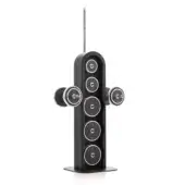 Adjustable dumbbells on black steel rack with wooden base, featuring stacked matte black weights with gold accents and weight increment markings.