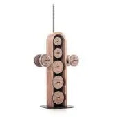 Vintage adjustable dumbbell set, wood and metal, featuring a central tower with staggered weight plates displaying 0.5kg to 5.0kg markings.