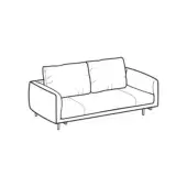 Two-seater sofa, light gray fabric, rectangular form with angled back and cylindrical metal legs, minimalist contemporary design.