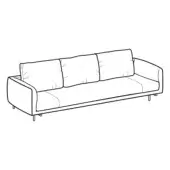 Three-seater sofa black line drawing, rectangular form, angled back, tapered metal legs, minimalist design, fabric cushion texture.