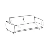 Three-seater sofa, line drawing, rectangular form, angled backrest, squared armrests, cylindrical legs, modern design, white background.