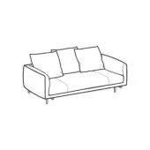 Three-seater sofa, black and white line drawing, rectangular shape with rounded back, square cushions, cylindrical legs, minimalist design.
