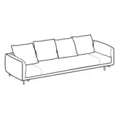 Three-seater sofa, black and white line drawing, rectangular form with angled armrests and tapered metal legs.