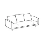 Three-seater sofa, black and white line drawing, low profile with sloping arms, square cushions, tapered metallic legs, minimalist design.