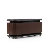 Massage table, dark brown wood base, gray-blue padded surface, rectangular shape, with black casters and embossed arrow detail.
