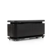 Massage table, black padded surface, dark wood rectangular base with casters, adjustable steel mechanism, minimalist studio shot.