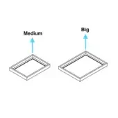 Rectangular trays, silver metal frame, size comparison; medium and big, square shape, light gray interior, stepped edge, clean lines.