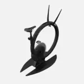 Novate exercise bike, black steel, circular frame with curved supports and fin-shaped base, studio shot on white background.
