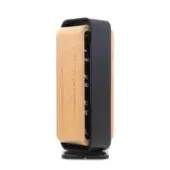 Air purifier with wood-grain finish and curved design, featuring dark gray matte framing, vertical vent, and rounded base against white backdrop.