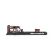 WaterRower Club rowing machine, dark gray steel frame, wood grain accent panel, clear water tank, adjustable footrests, matte finish.