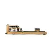 Oak rowing machine with light wood frame, clear cylindrical tank, dark brown cushioned seat, and black plastic feet on white background.