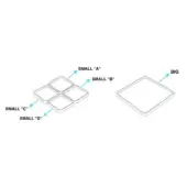 Gray square tray set with one large solid tray and four smaller quadrant-divided trays labeled ‘A’ through ‘D’, studio shot.