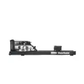 WaterRower rowing machine, black frame, dark gray tank, minimalist design, studio shot, matte finish, curved footrest, cable connection.