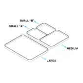 Rectangular trays set, matte gray resin, five trays in descending size order, stacked and aligned, with compartmentalized top tray.